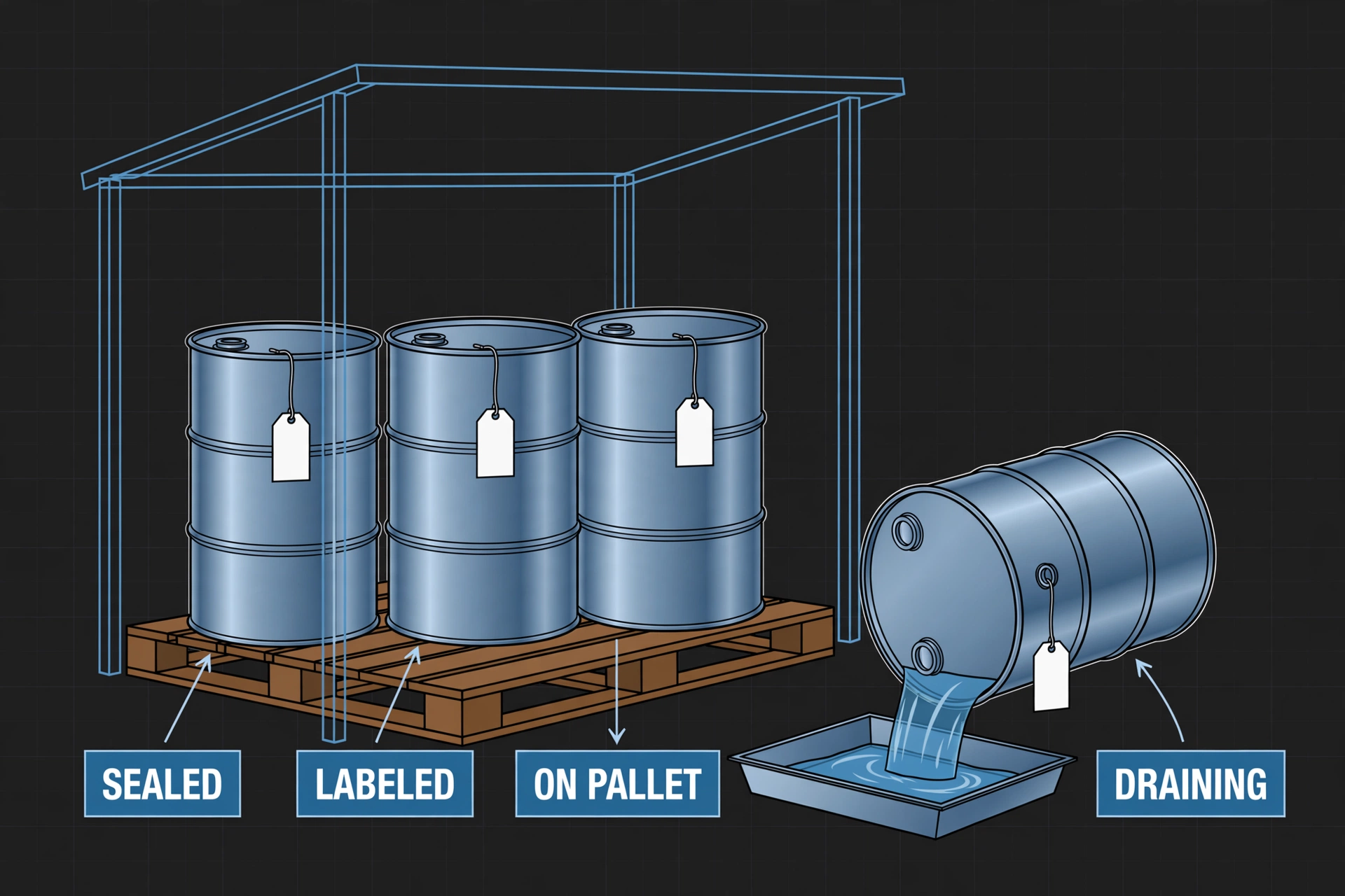 Technical diagram of proper carbide sludge drum handling: a tilted draining drum, separated carbide-only and mixed drums, and labeled sealed drums on a pallet.