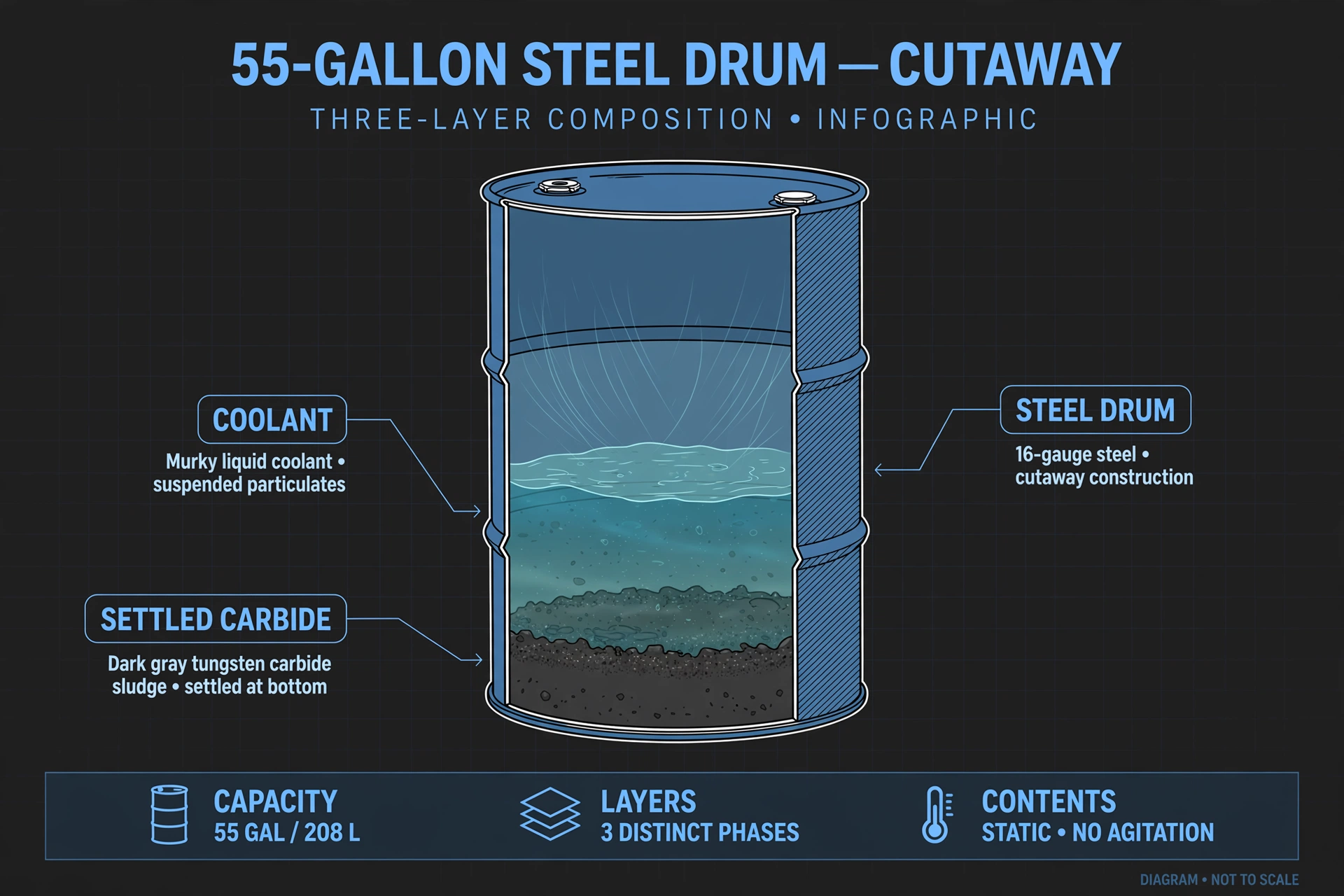 Technical diagram showing a 55-gallon drum of carbide grinding sludge cut away to reveal settled tungsten carbide content, with callouts for wet weight, dry weight, and contained tungsten.
