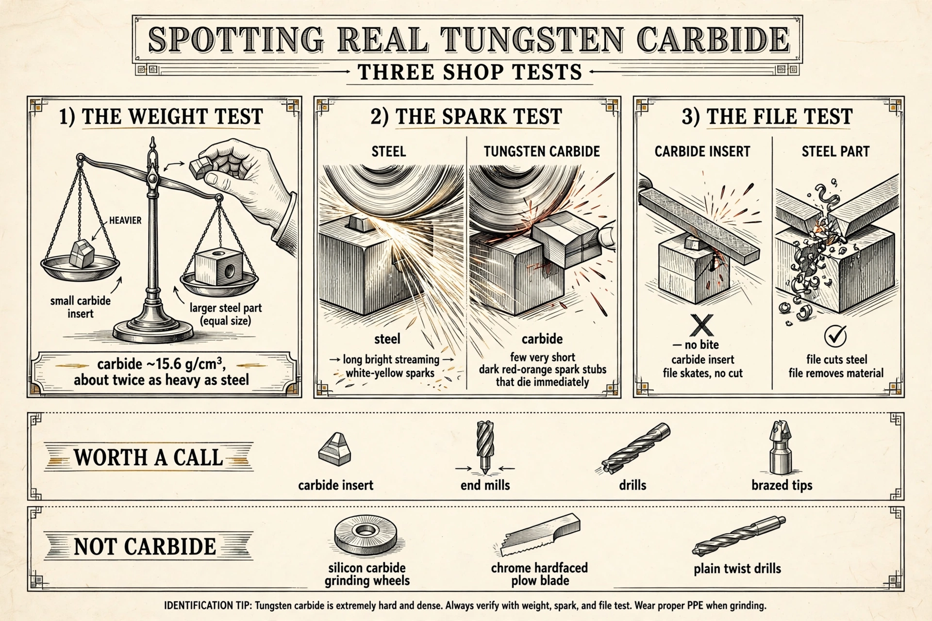Technical diagram of three shop tests for identifying tungsten carbide: the weight test, the spark test, and the file test, plus what is worth a call and what is not carbide.