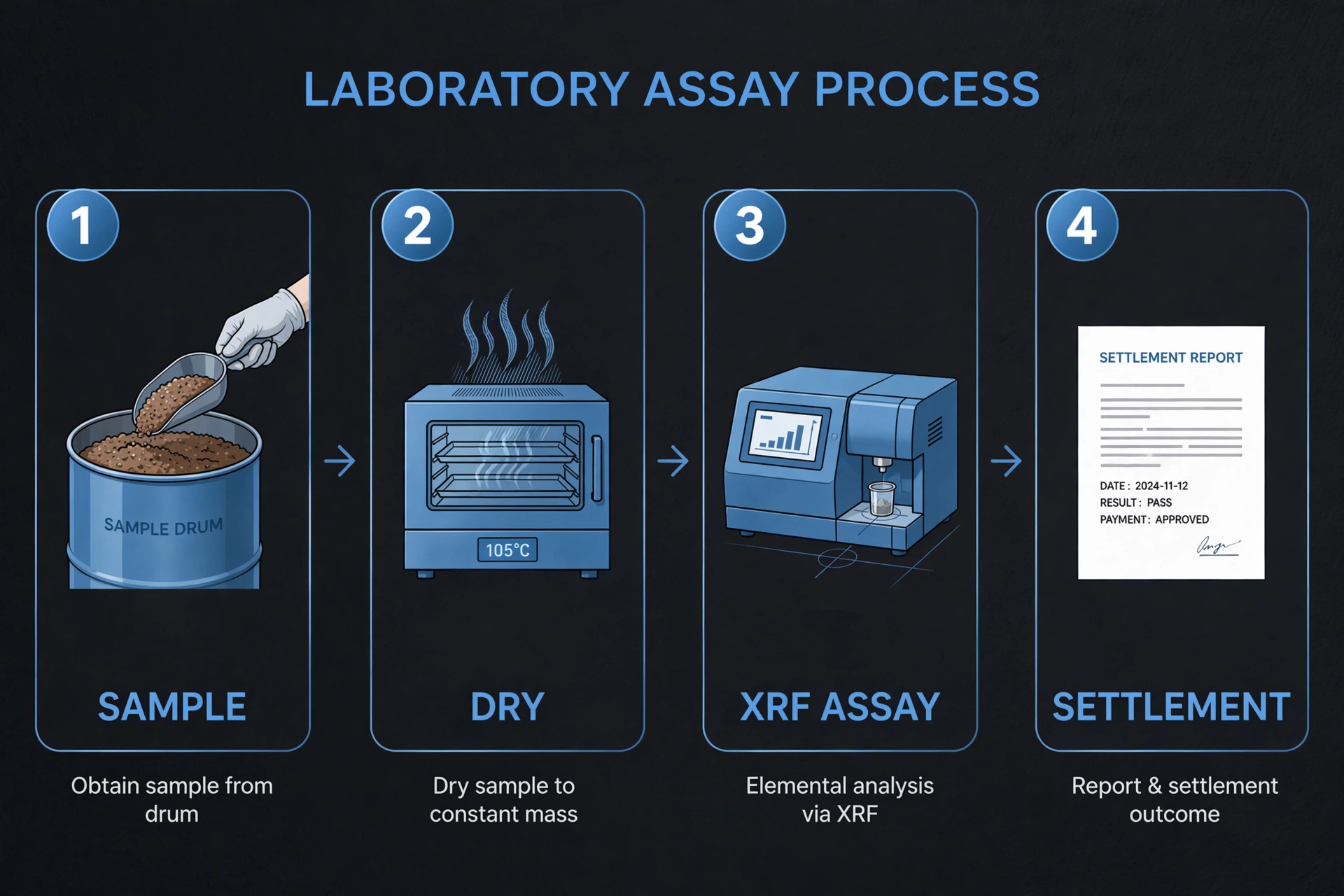 Technical diagram of the sludge assay process: drum sampling, moisture drying, laboratory analysis, and the four-line settlement report.