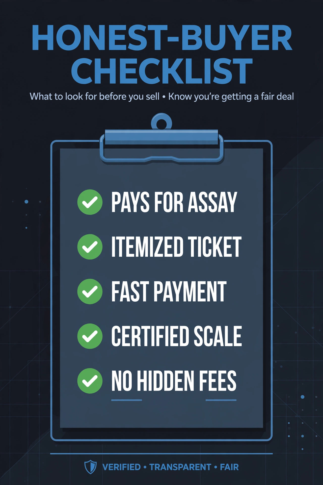 Technical diagram of the five-point honest sludge buyer checklist: assay-based pricing, itemized settlement, arranged freight, fast payment, and domestic processing.