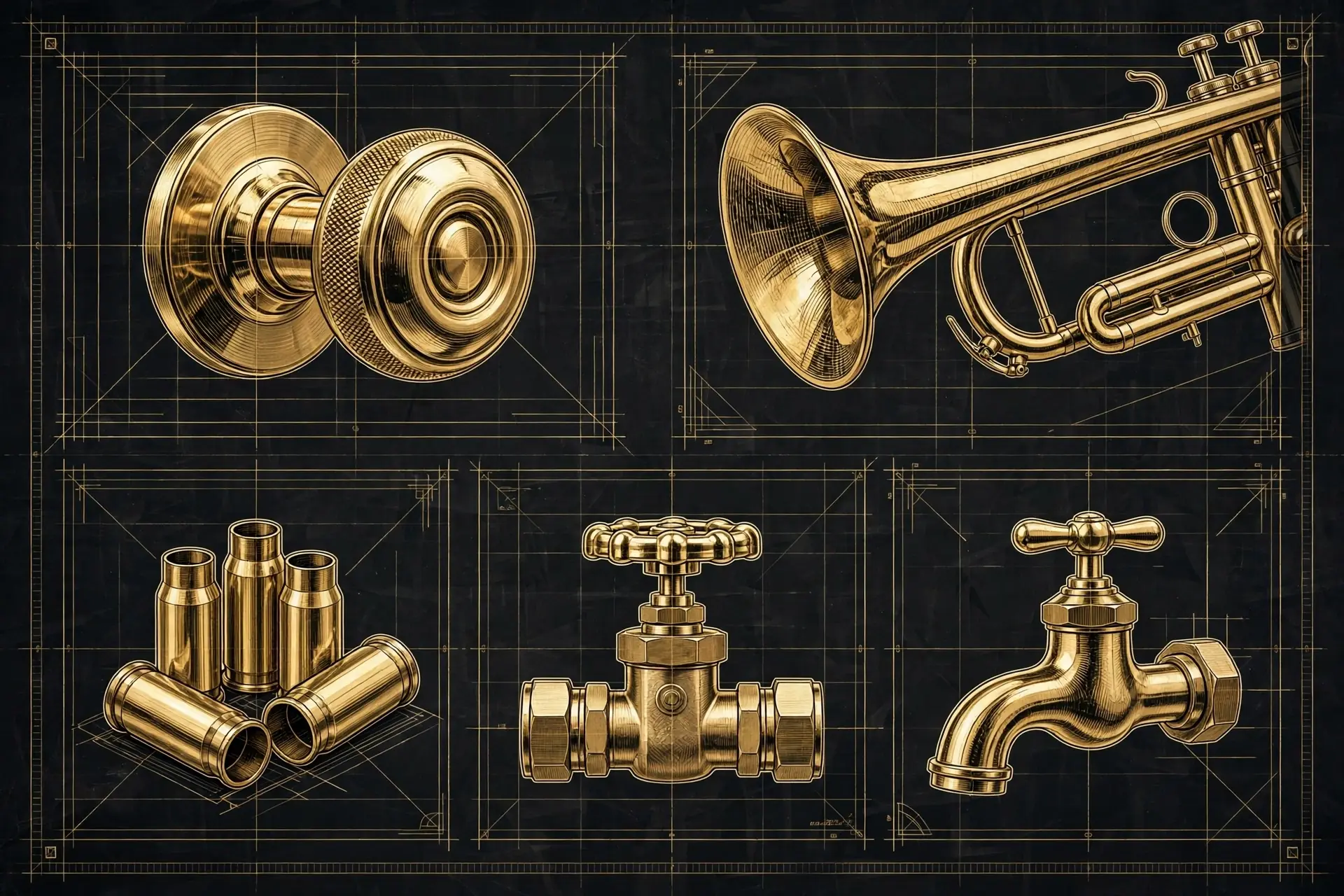 Technical illustration collage of brass in everyday life: a doorknob, a trumpet bell, brass cartridge cases, a plumbing valve, and a faucet, in golden line-art style.