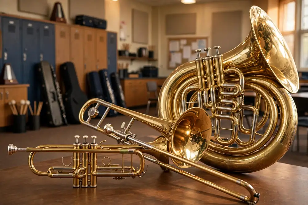 Brass trumpet, trombone, and tuba arranged together
