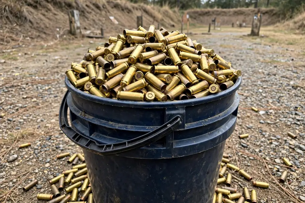 Five-gallon bucket filled with spent brass ammunition shell casings