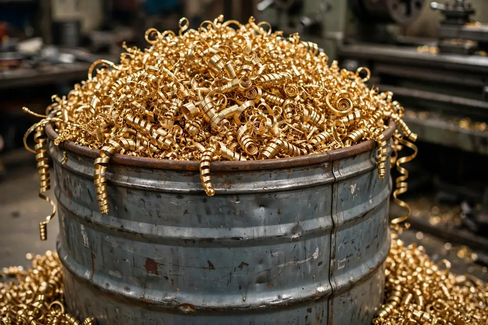 Steel drum overflowing with curly golden brass turnings