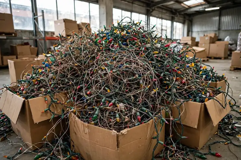 Tangled pile of old Christmas light strings collected for recycling