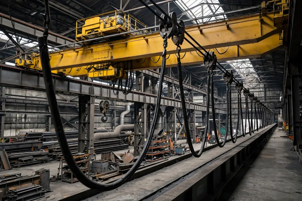 Overhead bridge crane in a steel mill with looping festoon power cable