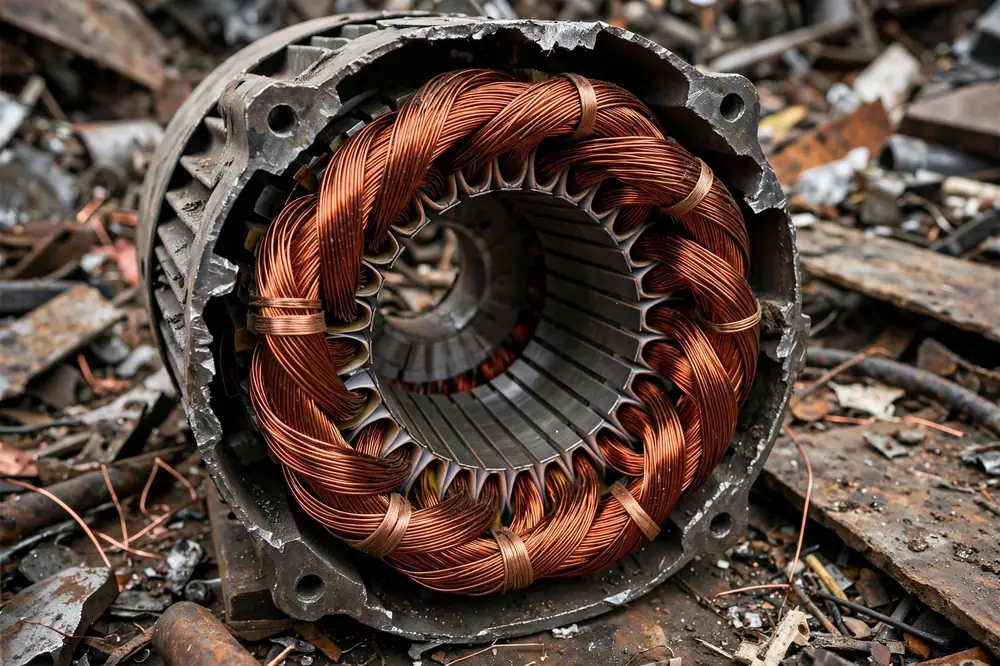 Cut-open electric motor showing copper windings around the steel stator