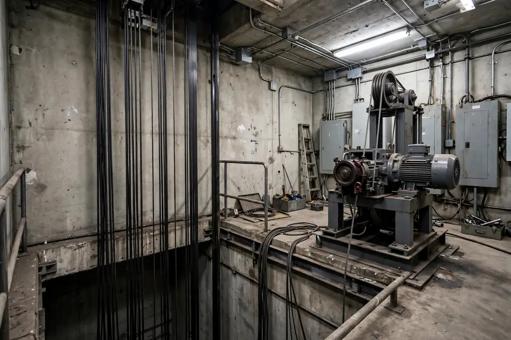 Elevator machine room with traveling cables hanging down the hoistway