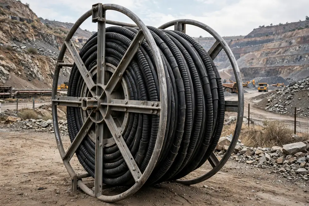 Steel reel wound with thick black armored mining cable at a mine site