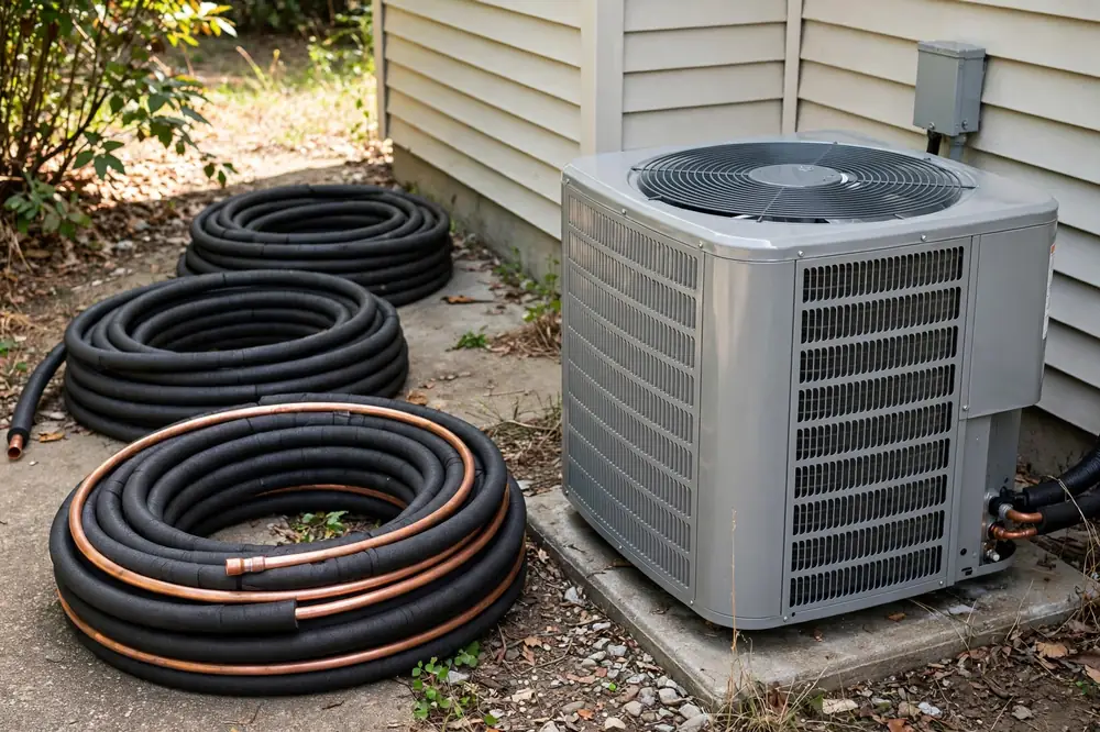 Coiled insulated copper refrigeration line sets beside an outdoor AC condenser