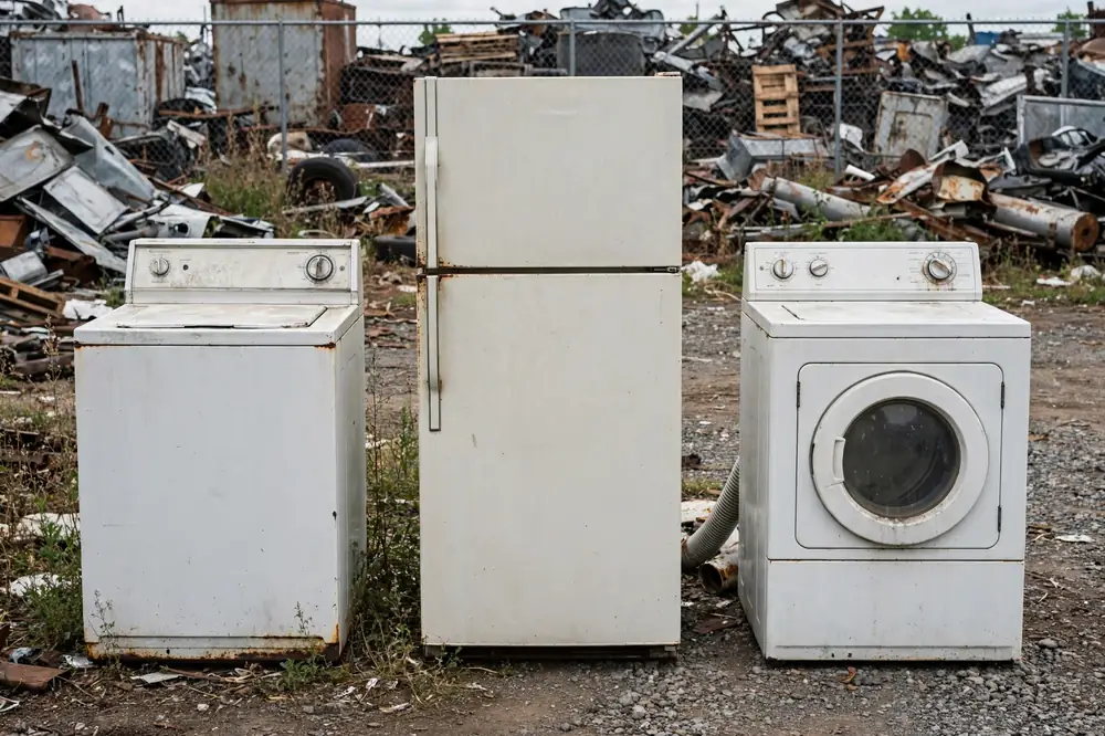 Retired washing machine, refrigerator, and dryer lined up for recycling