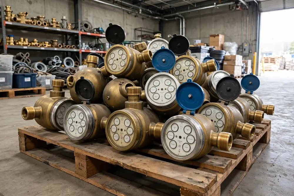 Pallet stacked with retired brass water meters