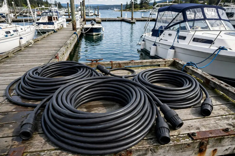 Heavy black shore power cables coiled on a marina dock beside moored boats