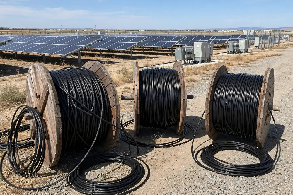 Wooden cable reels wound with black solar PV wire at a solar farm