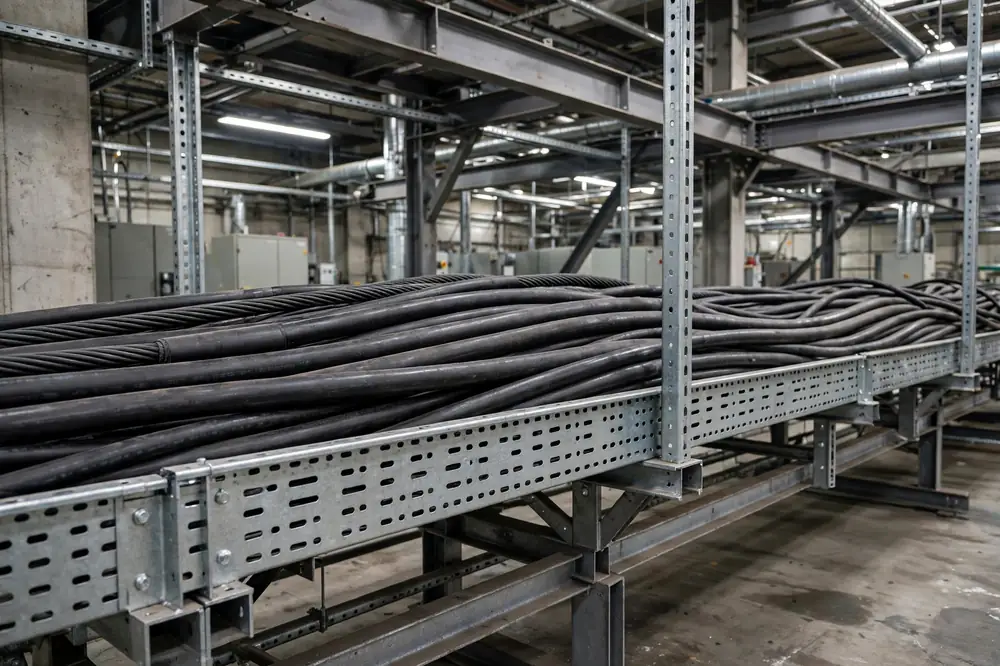 Industrial cable tray filled with thick multi-conductor tray cable
