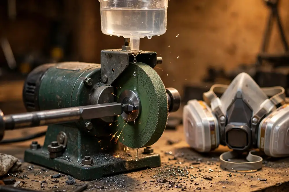 A home workshop bench grinder with a green silicon-carbide wheel touching up a carbide-tipped lathe tool, with a water drip cup and respirator on the bench
