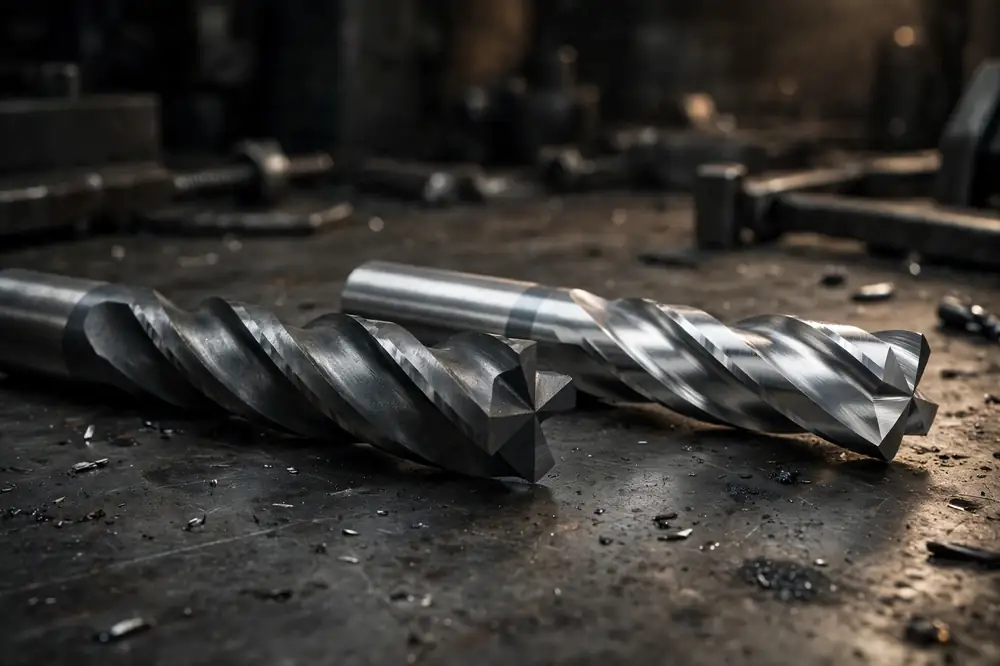 A dark gray solid carbide end mill beside a bright silver high-speed steel end mill on a workbench