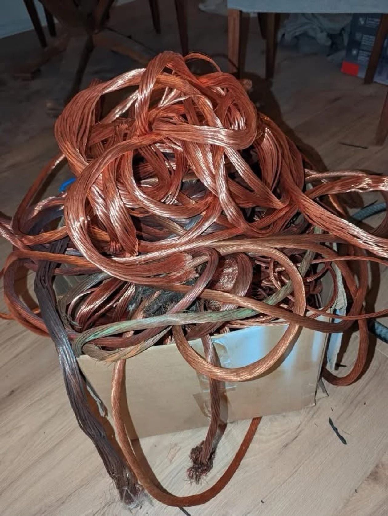 Warehouse pile of bare bright copper wire coils