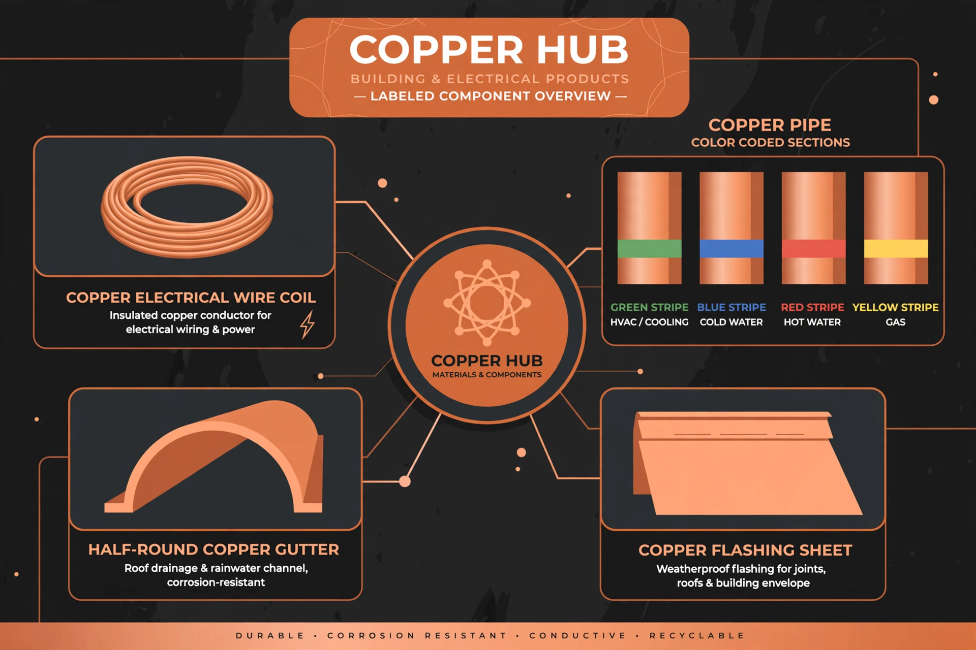 Diagram cluster of copper products: a coil of copper electrical wire, copper pipe sections with green, blue, red, and yellow stripes, a half-round copper gutter profile, and a sheet of copper flashing.
