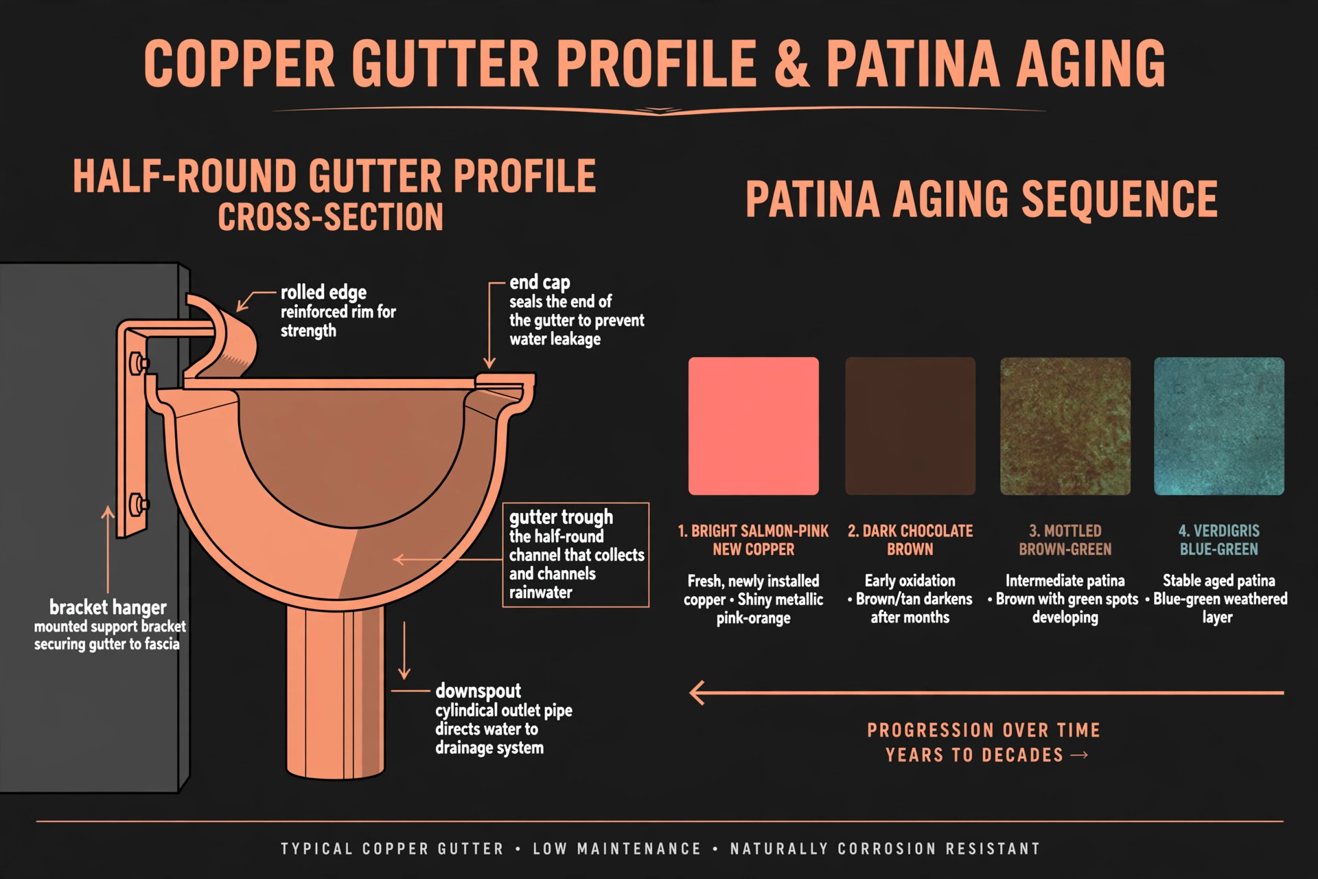 Diagram of a half-round copper gutter profile with labeled parts, next to four color swatches showing the patina sequence: bright salmon-pink, dark chocolate brown, mottled brown-green, and verdigris blue-green.