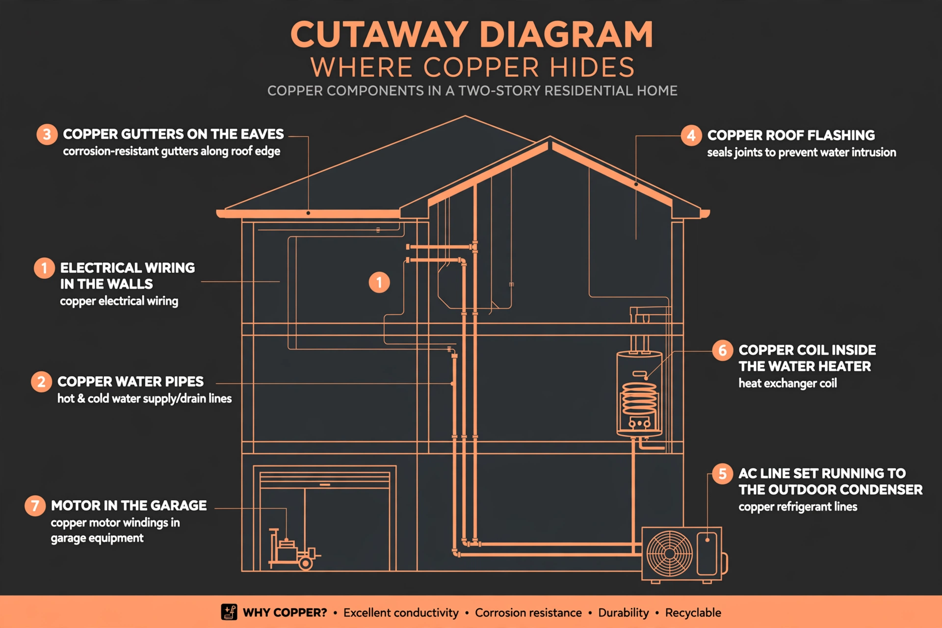 Cutaway diagram of a two-story house with numbered callouts showing copper locations: electrical wiring in walls, copper water pipes, gutters, roof flashing, the AC line set, the water heater coil, and a garage motor.