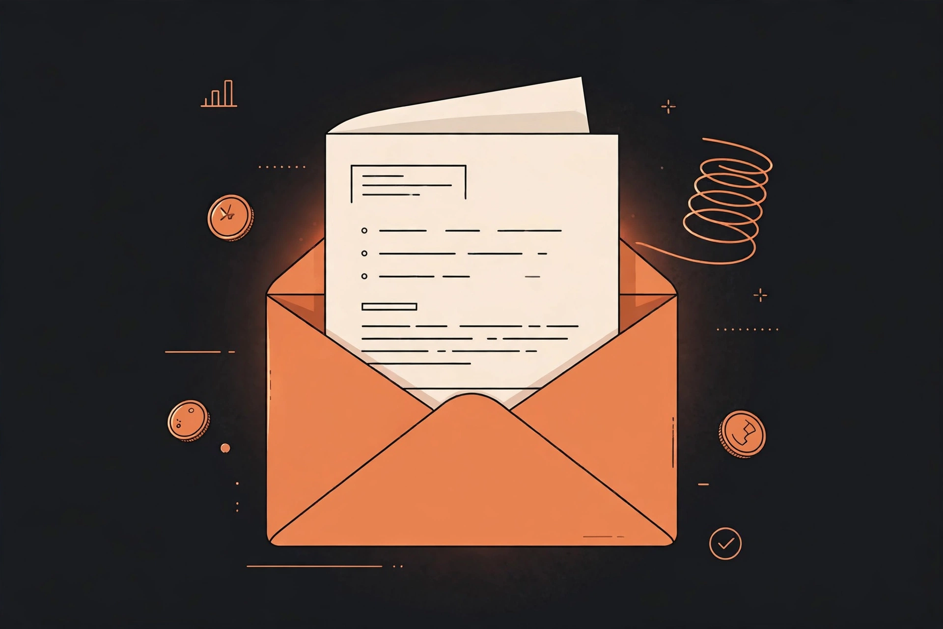 Illustration of an open envelope with a letter emerging, in copper-orange on a dark background with a small copper wire coil motif.
