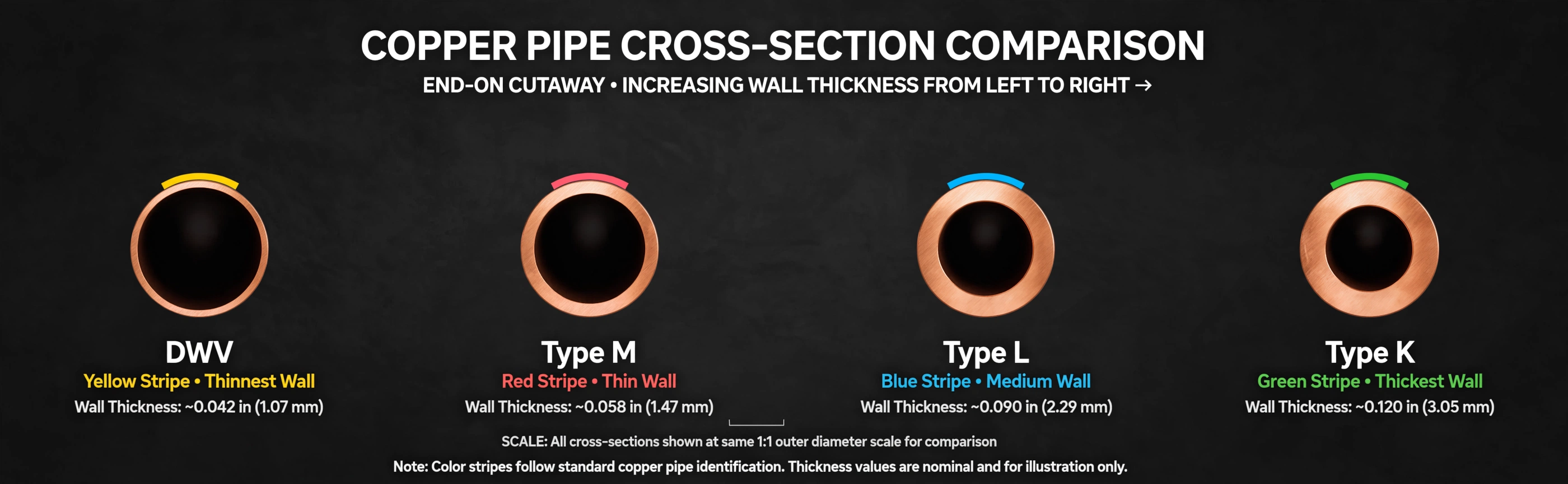 End-on cross-section diagram comparing copper pipe wall thickness: DWV with a yellow stripe (thinnest), Type M with a red stripe, Type L with a blue stripe, and Type K with a green stripe (thickest).