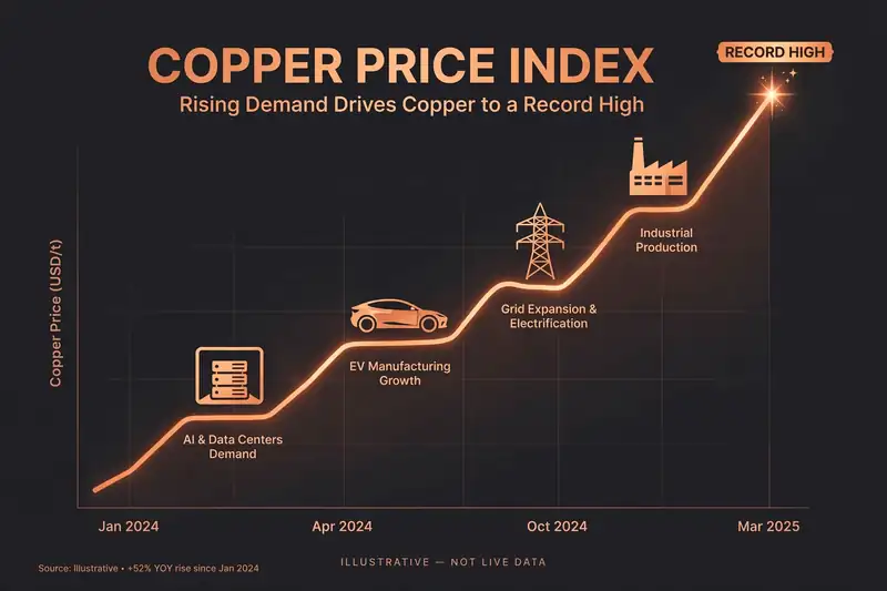 Illustrative chart of copper prices climbing to a record high