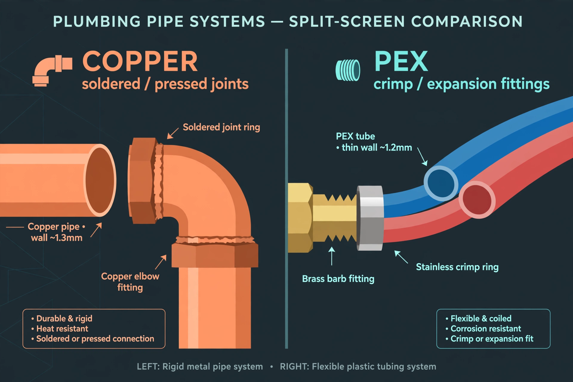 Split-screen comparison diagram: copper pipe cross-section with soldered copper elbow fitting on the left, flexible PEX tubing with brass barb fitting and stainless crimp ring on the right.