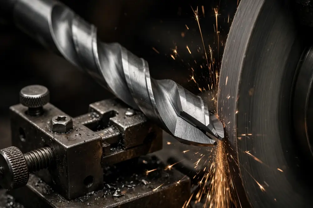 Close-up of a solid carbide twist drill being re-sharpened in a drill grinding fixture, showing the conical point with two cutting lips