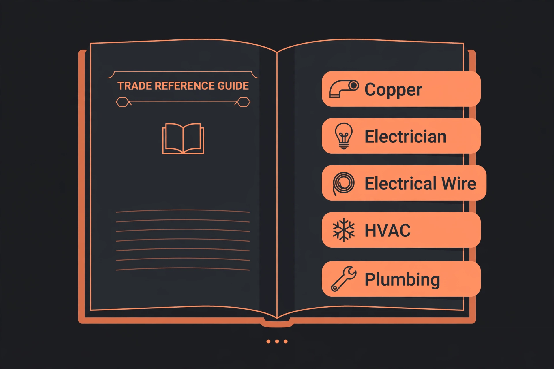 Diagram of an open book with five tabbed sections labeled Copper, Electrician, Electrical Wire, HVAC, and Plumbing, each with a small icon.
