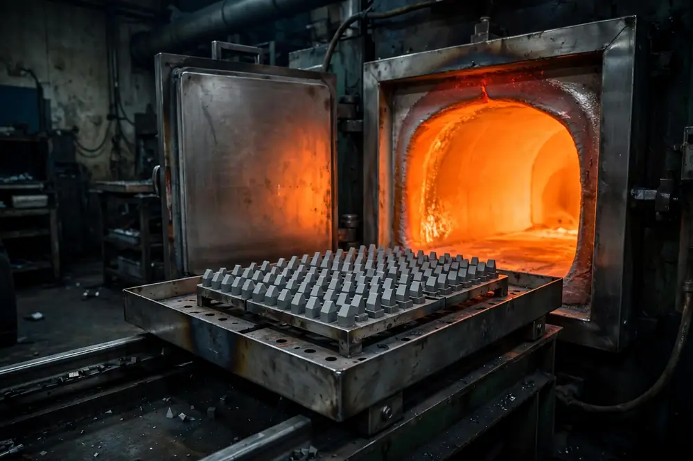 A glowing vacuum sintering furnace with a tray of tungsten carbide inserts being loaded, showing the high-temperature sintering stage