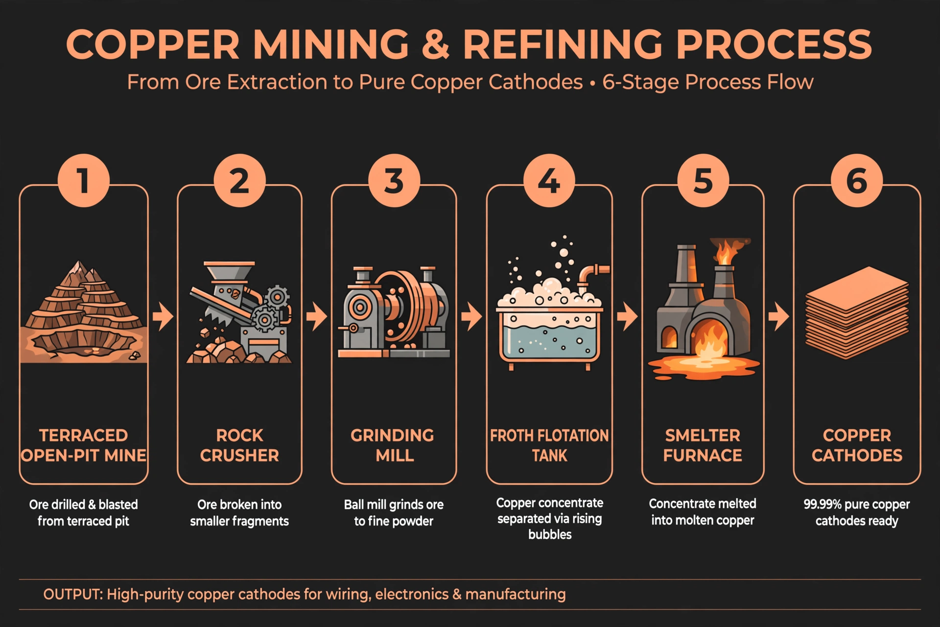Labeled process flow diagram of copper mining and refining: open-pit mine, rock crusher, grinding mill, froth flotation tank, smelter furnace, and finished copper cathodes, numbered 1 through 6.