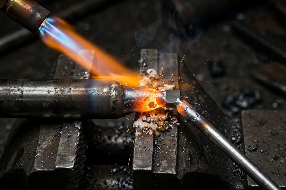 An oxy-fuel torch brazing a tungsten carbide tip onto a steel lathe tool shank in a vise, with silver braze alloy rod at the glowing joint
