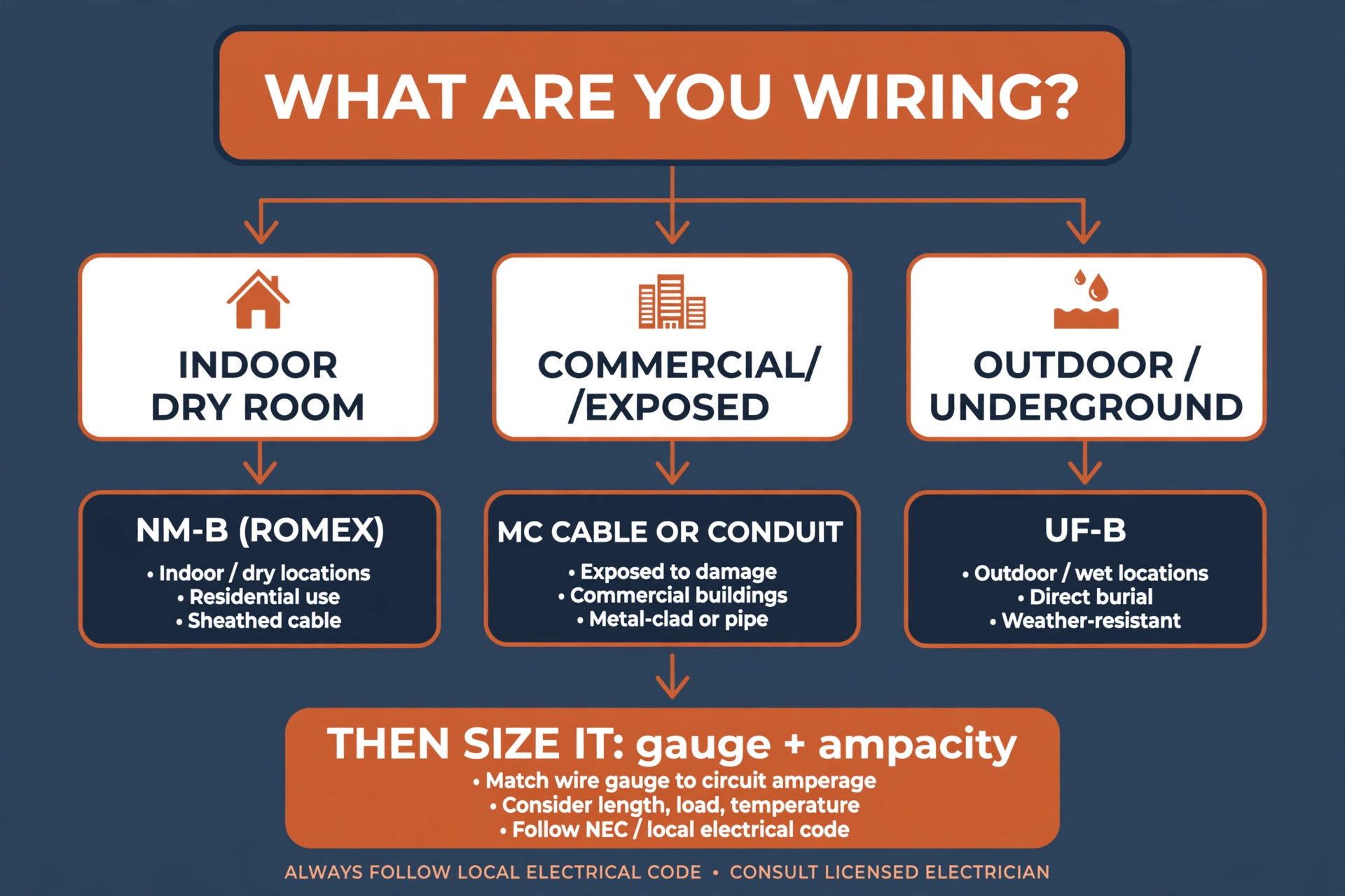 Decision flowchart for choosing electrical wire: indoor dry room leads to NM-B Romex, commercial or exposed leads to MC cable or conduit, outdoor or underground leads to UF-B, then size by gauge and ampacity