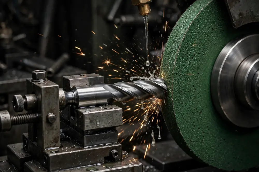 A solid carbide end mill being sharpened on a green silicon-carbide grinding wheel with coolant on a tool-and-cutter grinder