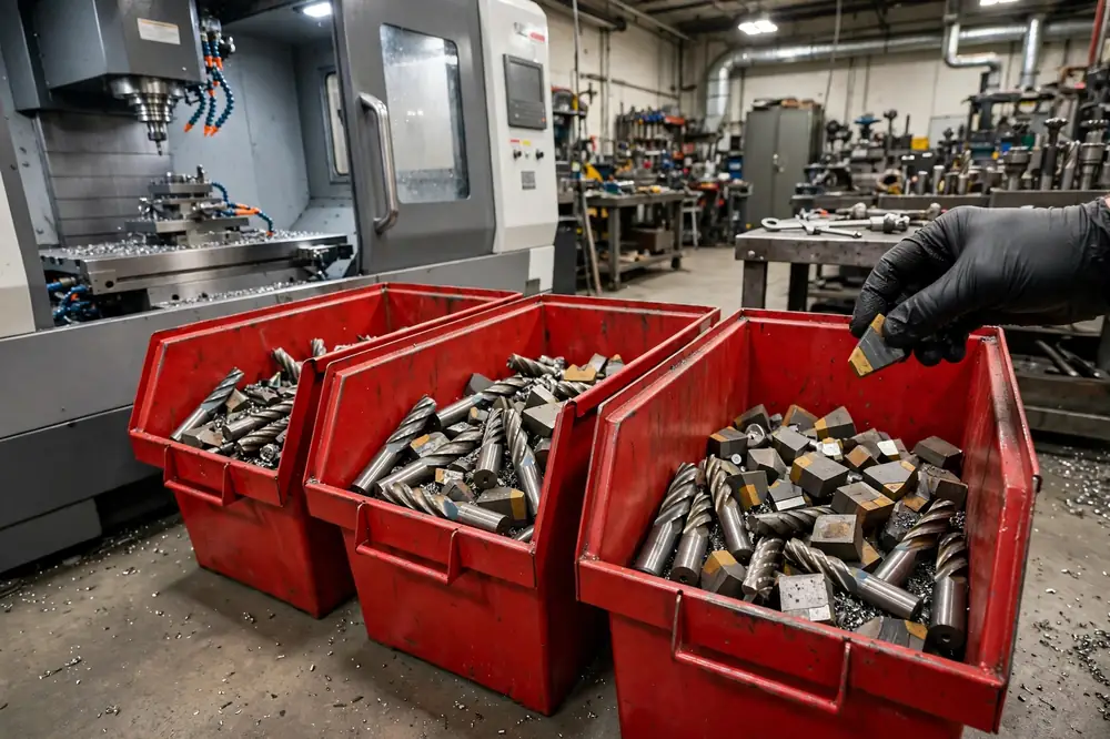 Red scrap bins for carbide recycling lined up beside a CNC machining center, with a gloved hand dropping a used carbide insert into a bin