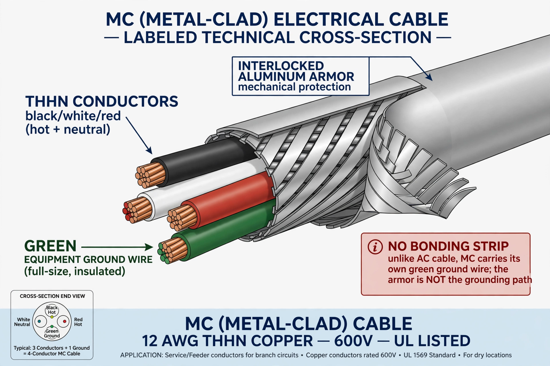 Labeled cross-section diagram of MC metal-clad cable showing interlocked aluminum armor, black/white/red THHN conductors, and the green insulated equipment ground wire, with a callout noting there is no bonding strip