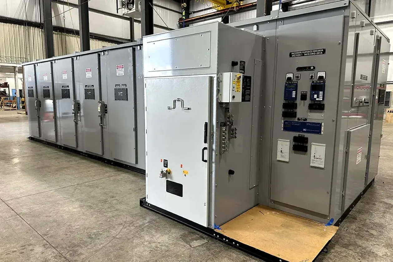Row of electrical switchgear cabinets