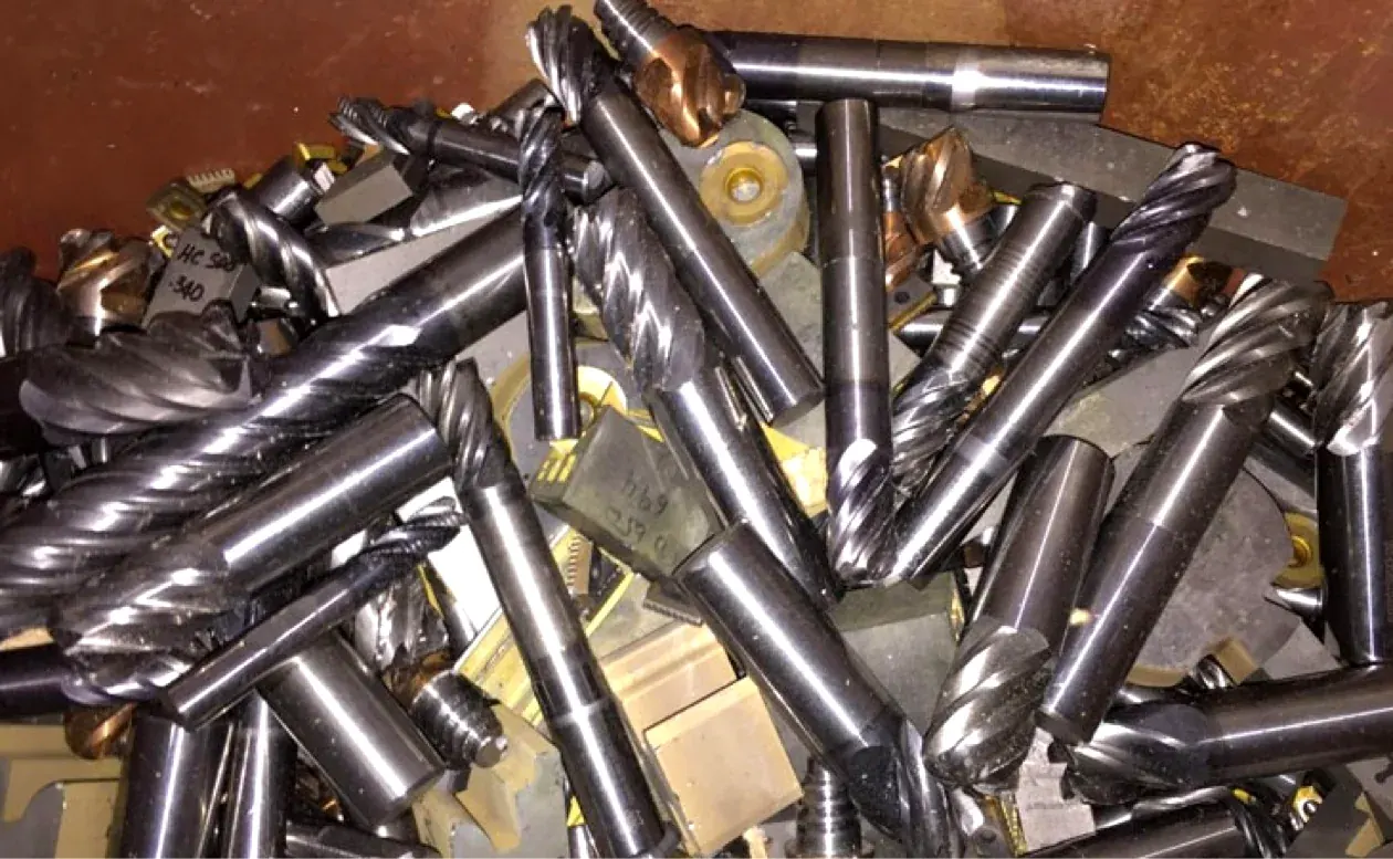 Close-up of used end mills and drills