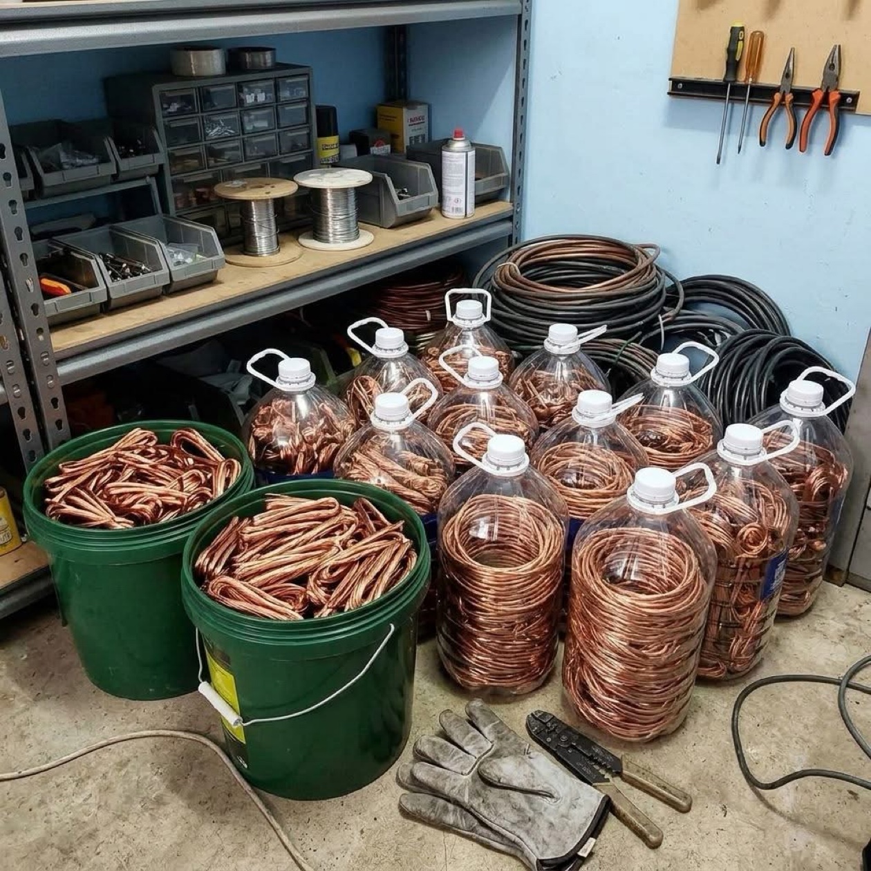 Jugs and buckets of stripped copper wire