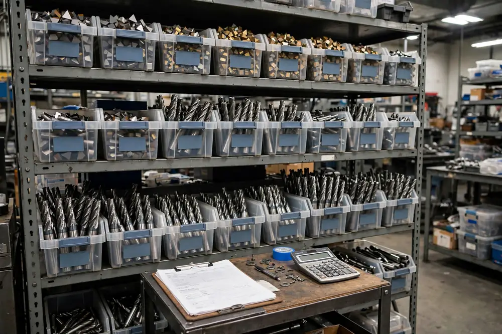 An organized machine shop tool crib with labeled bins of carbide inserts and end mills, with a clipboard and calculator