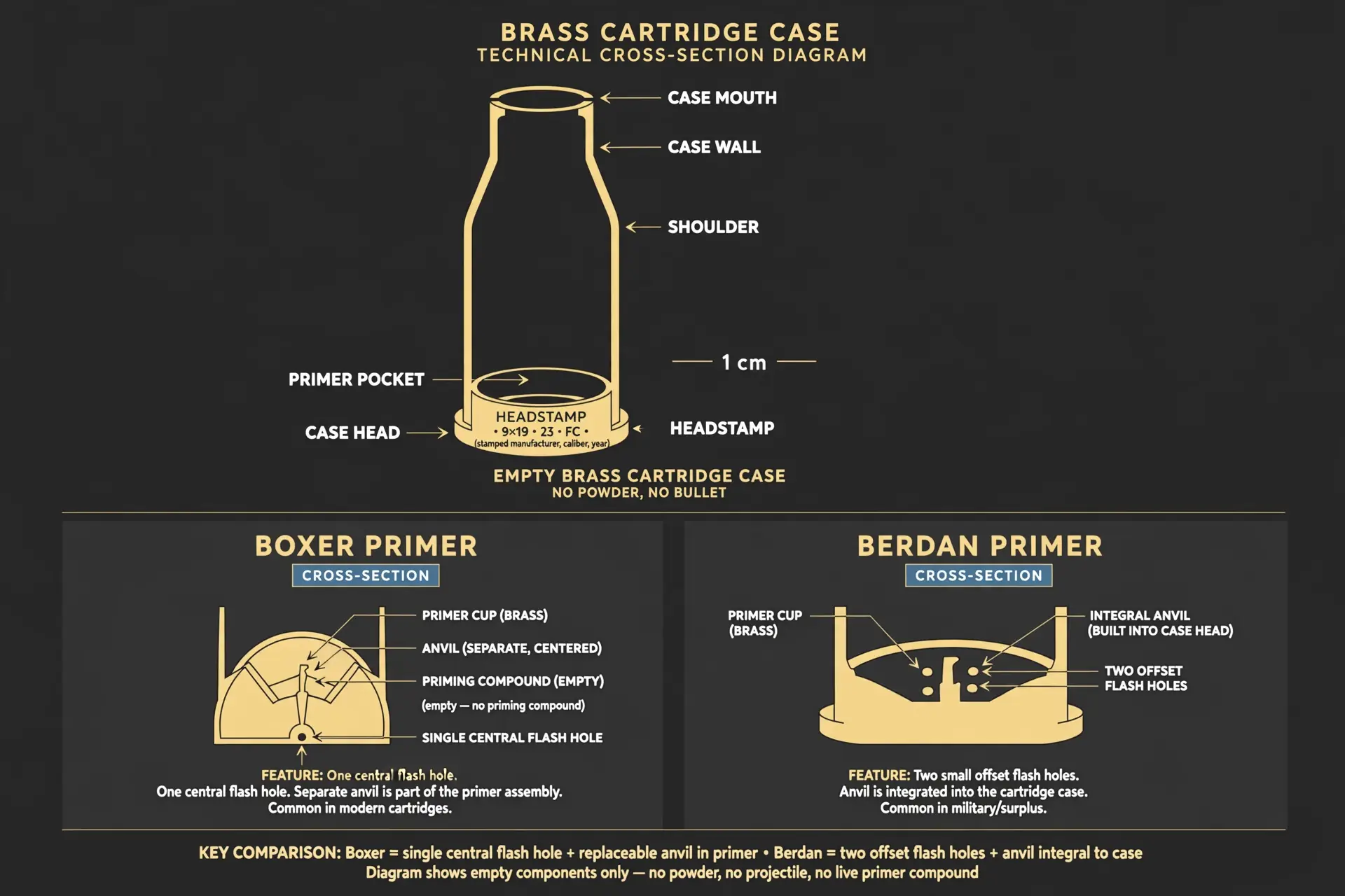 Cross-section diagram of an empty brass cartridge case showing the case mouth, wall, primer pocket, and headstamp, with a side-by-side comparison of a Boxer primer with one central flash hole versus a Berdan primer with two offset flash holes.