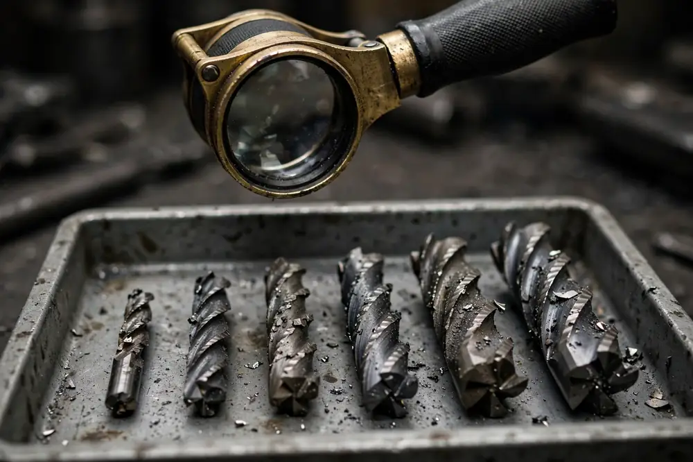 A magnifying loupe inspecting a row of worn carbide end mills in a tool tray to decide which are worth resharpening