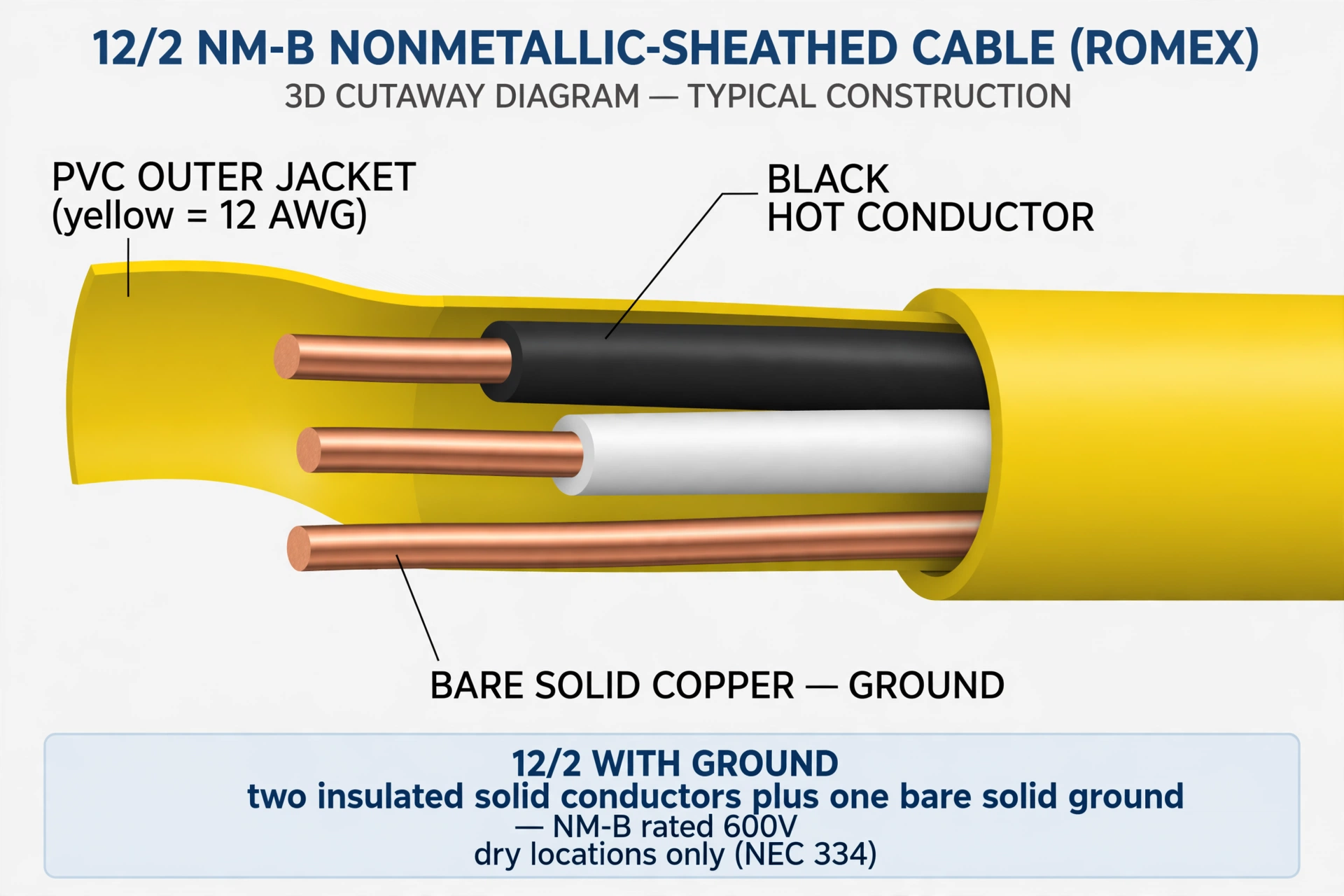 Labeled cross-section diagram of 12/2 NM-B Romex cable showing the yellow PVC jacket, black hot conductor, white neutral conductor, and bare solid copper ground wire