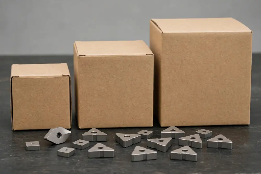 Three unmarked boxes of carbide inserts with loose inserts in front, representing an independent brand comparison without logos