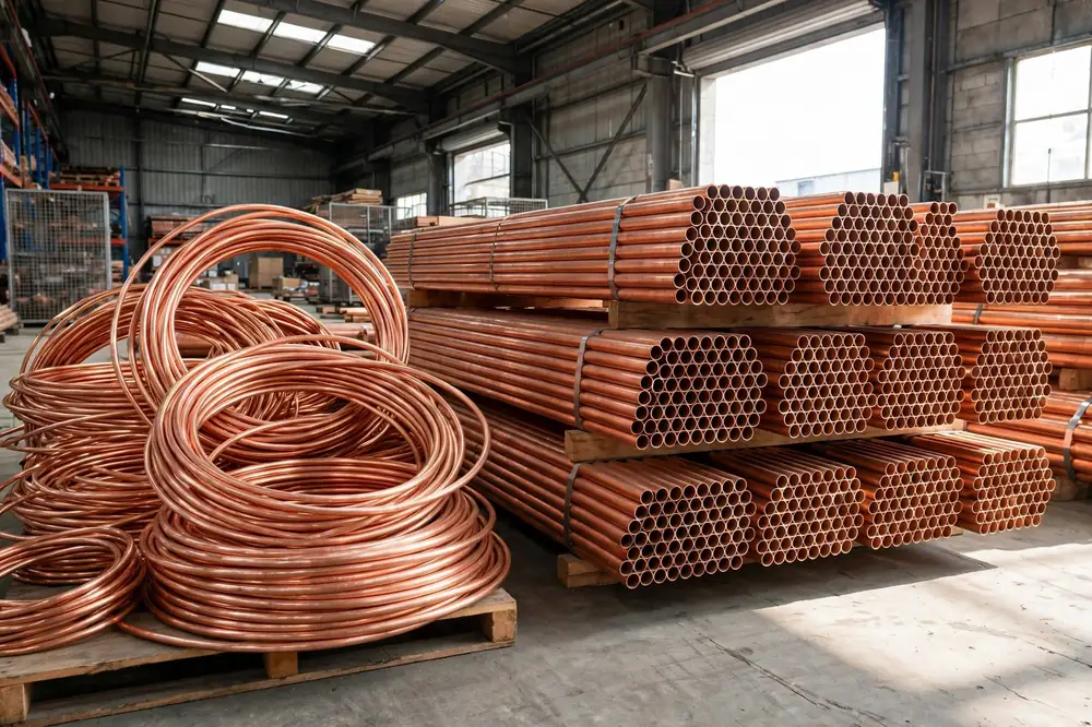 Coiled copper tubing and rigid copper pipe bundles ready for sale