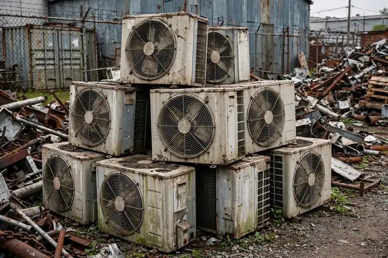 Stack of retired outdoor HVAC condenser units awaiting recycling