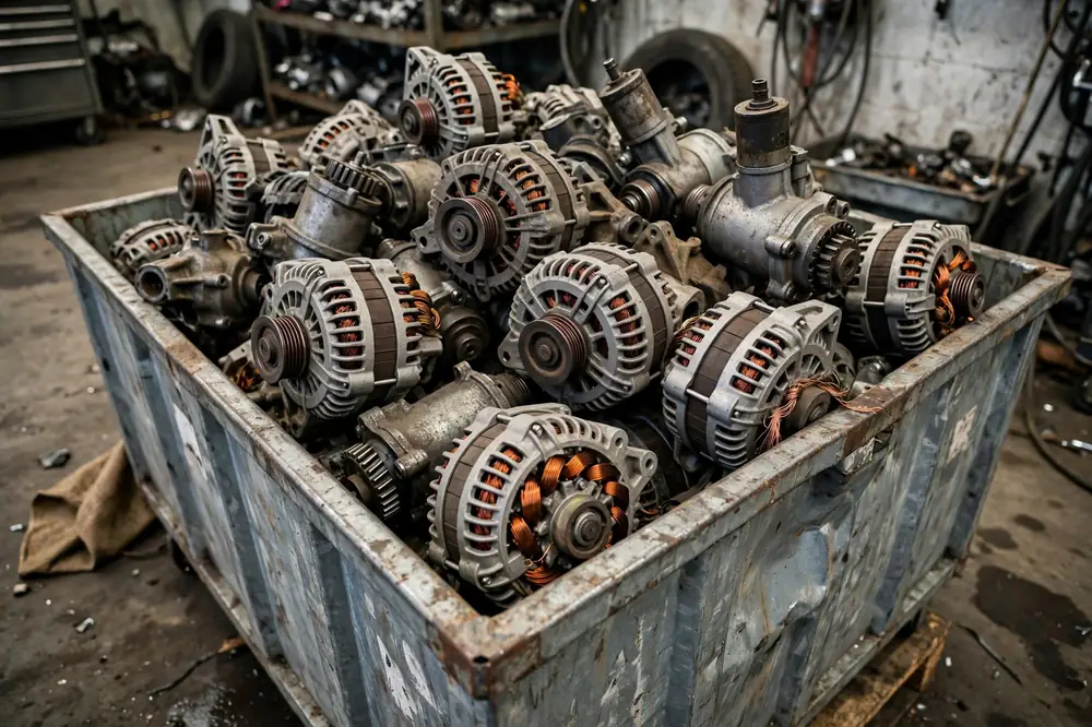 Bin of used automotive alternators and starter motors with visible copper windings
